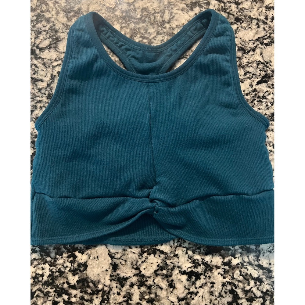 Fabletics Ribbed Twist Front Sports Bra Teal Blue Crop Yoga Top size S (0911) - Picture 2 of 7